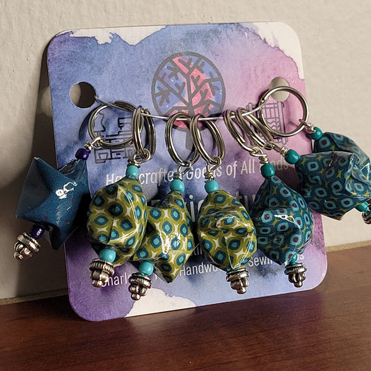 Stitch Marker | Handmade Paper Stars | Blue/Green/Purple Dots B | Set of 7