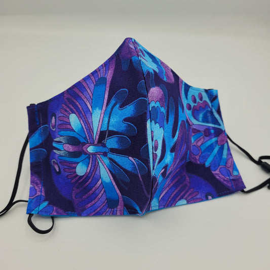 Cotton Face Mask w/ Filter Pocket | Adjustable Tie Ear Loops | Purple/Blue Butterflies | Washable Mask