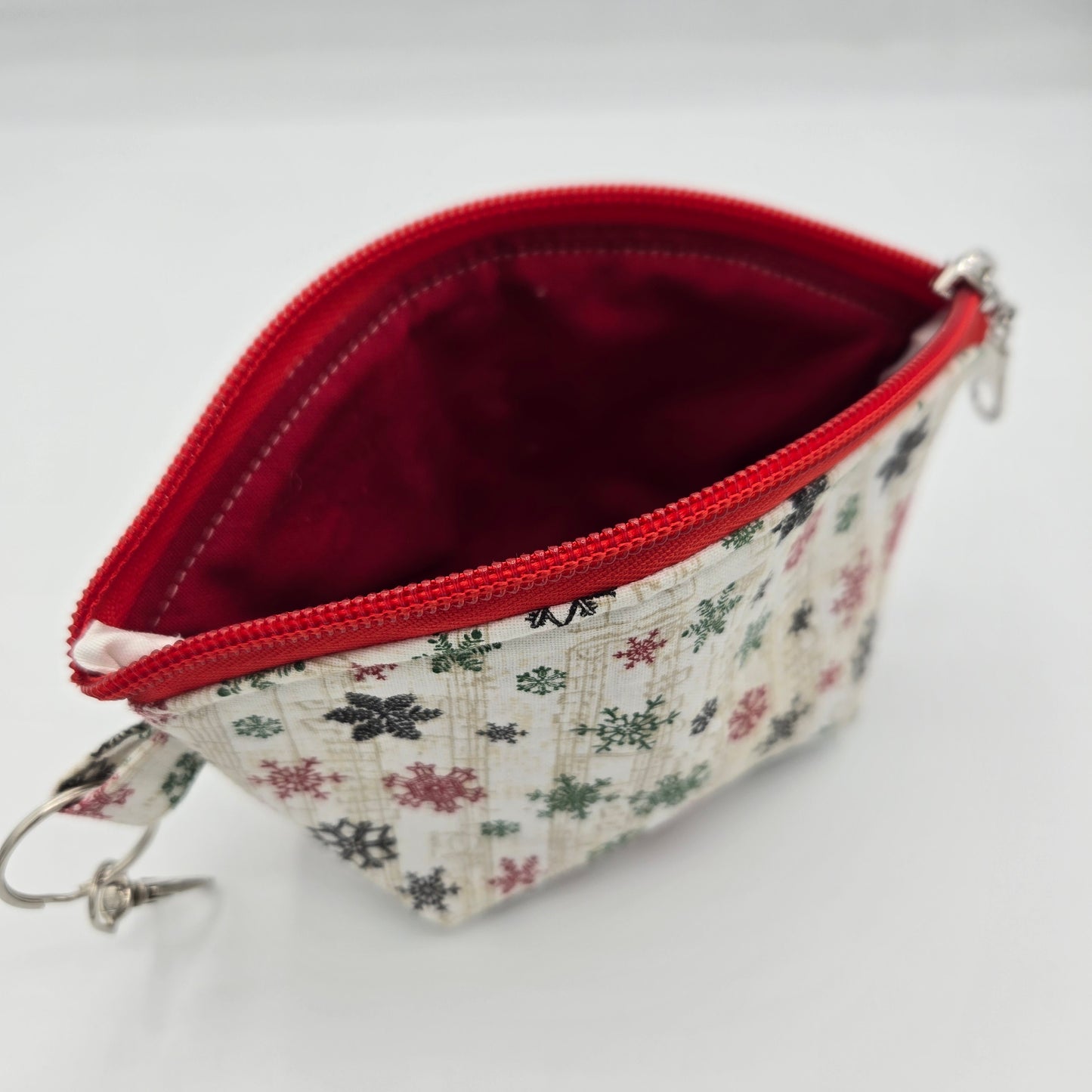 Curved Zipper Bag | Handwoven + Cotton | Snowflake Green and Red Stripes | Small