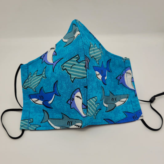 Cotton Face Mask w/ Filter Pocket | Adjustable Tie Ear Loops | Cartoon Shark Print | Washable Mask
