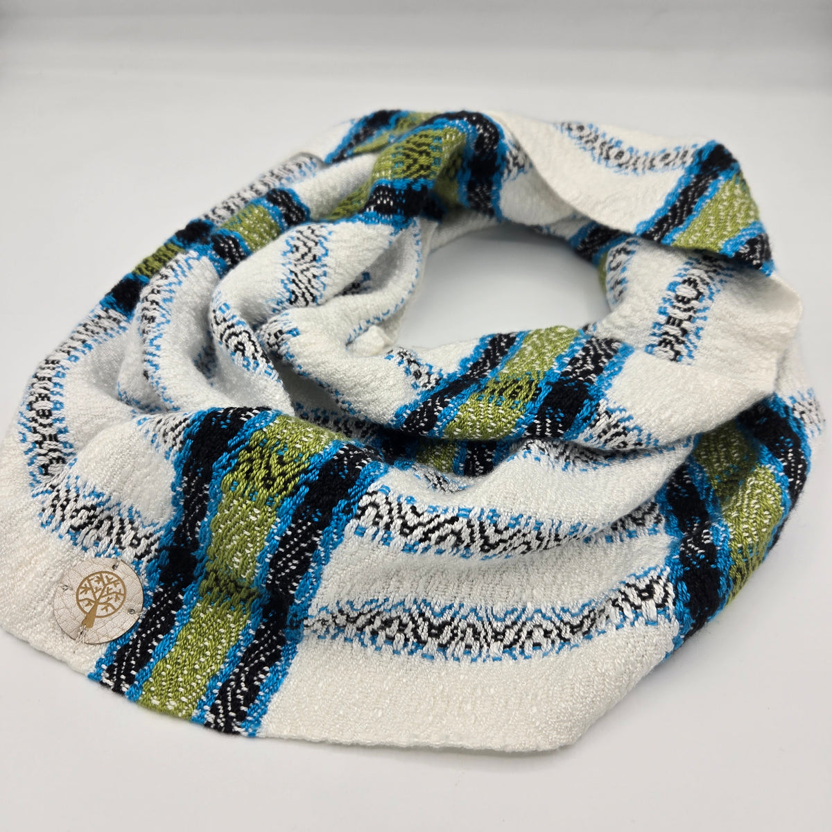 Cowl | Green/Blue/Black Lined Stripes | Rayon & Tencel Blend | Twisted Mobius Cowl