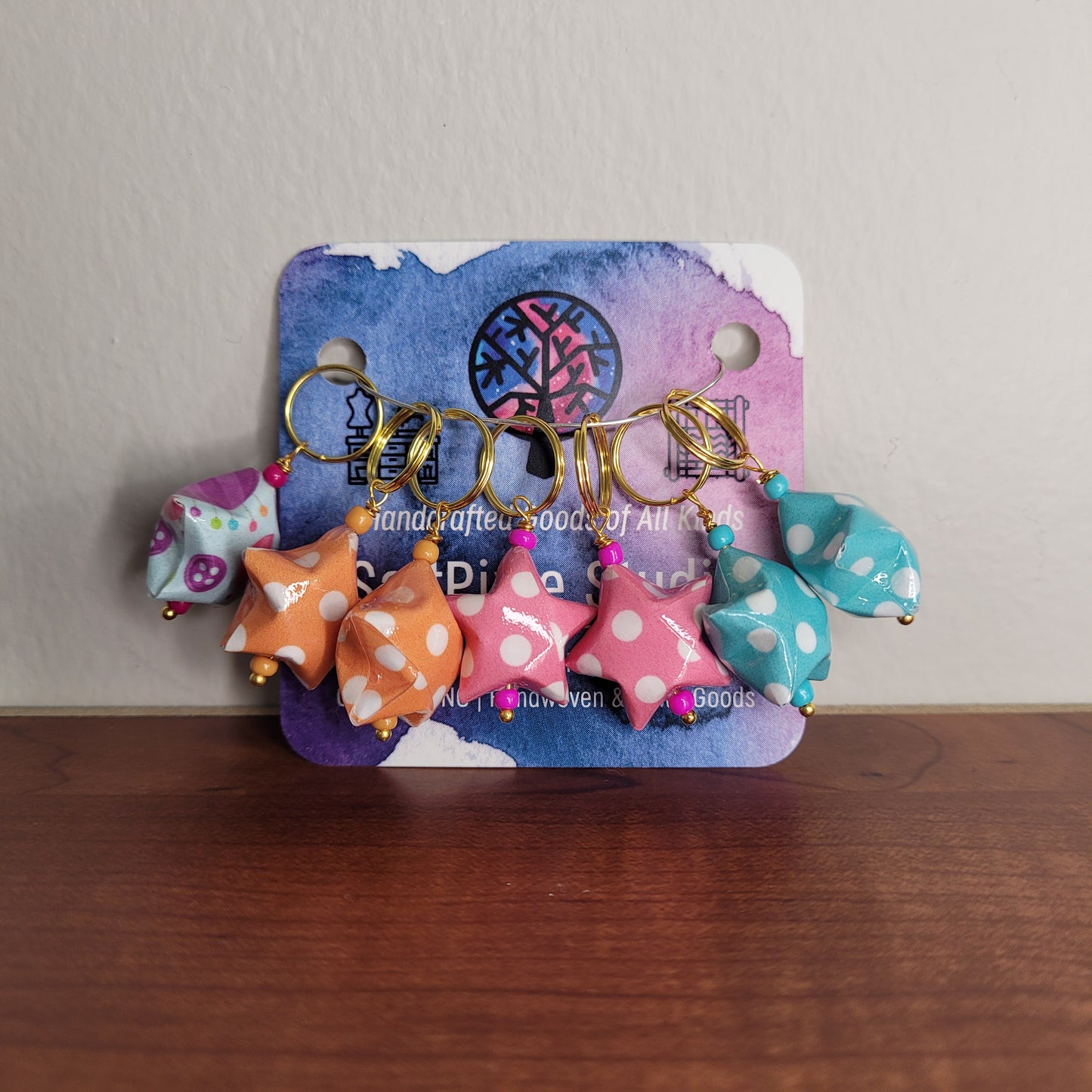 Stitch Marker | Handmade Paper Stars | Pink/Orange/Blue Polka Dots | Set of 7