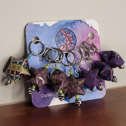 Stitch Marker | Handmade Paper Stars | Purple/Lime Swirls & Diamonds | Set of 7