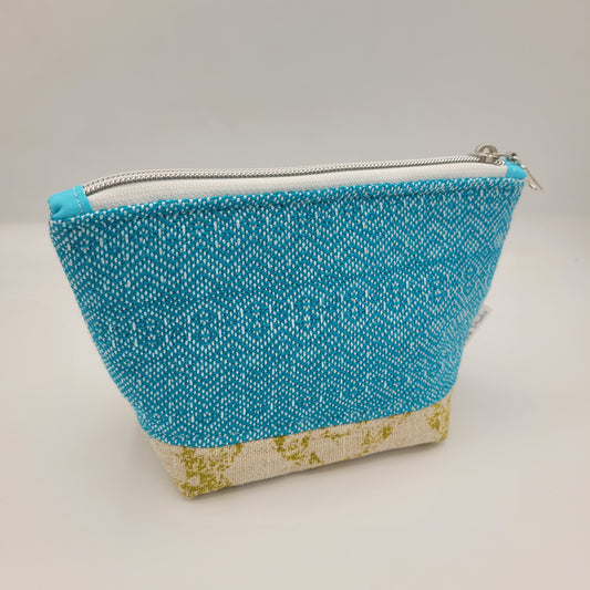 Zipper Pouch | Handwoven + Linen | Turquoise Green/Tan | Small