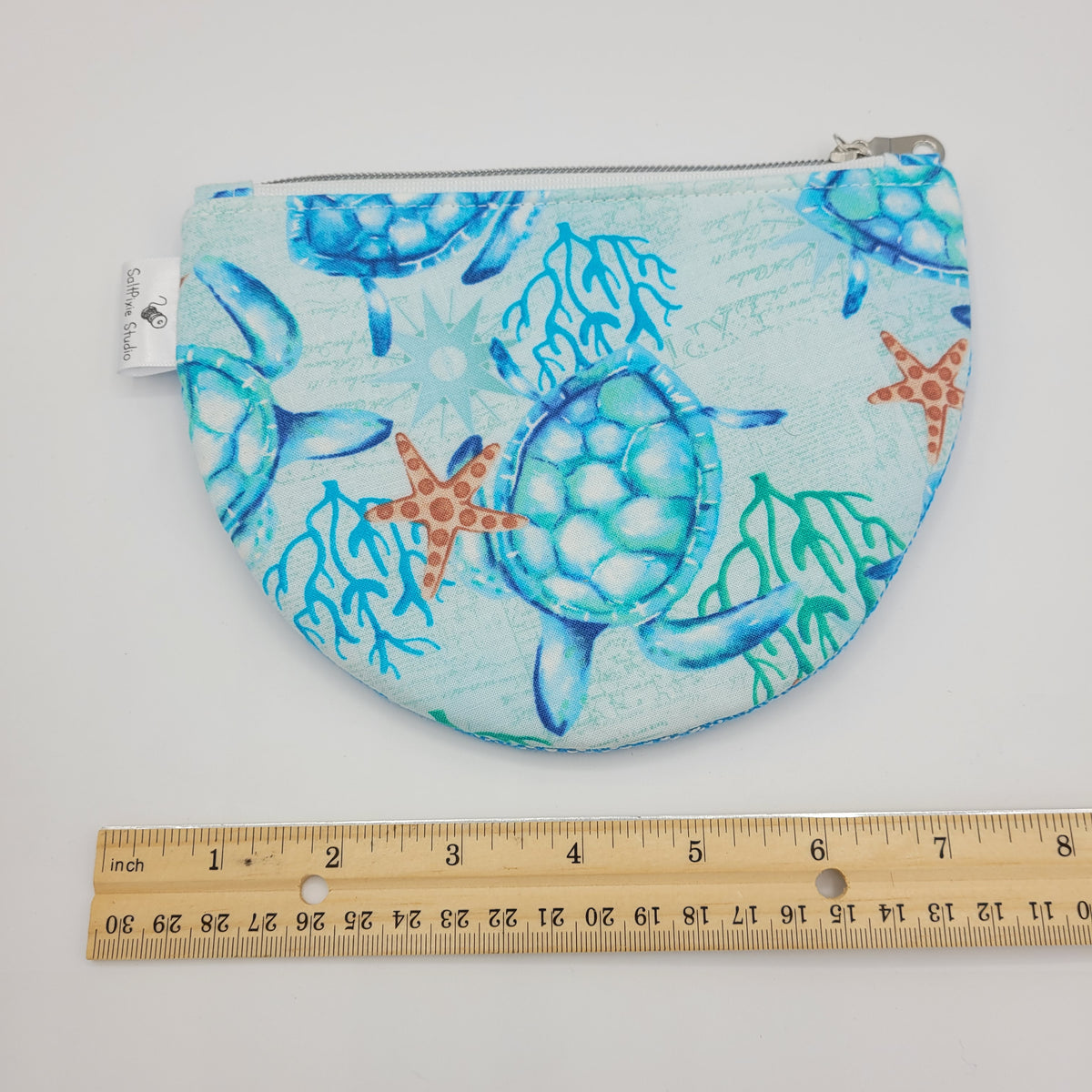 Curved Coin Purse | Handwoven + Cotton | Turquoise & Turtles