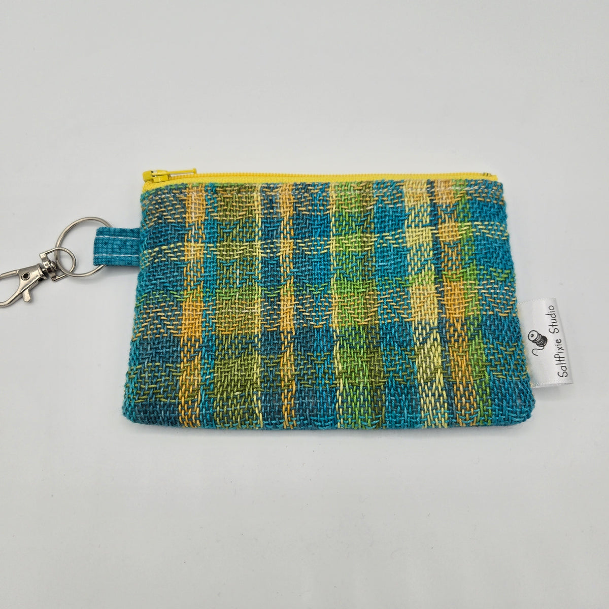 Mini Zipper Pouch | Handwoven Cotton & Linen | Turquoise & Yellow Plaid