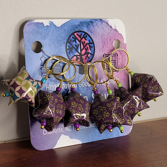 Stitch Marker | Handmade Paper Stars | Purple/Lime/Blue Swirls | Set of 7