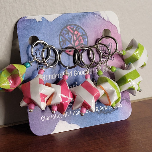 Stitch Marker | Handmade Paper Stars | Multicolor Stripes Pink/Green | Set of 7