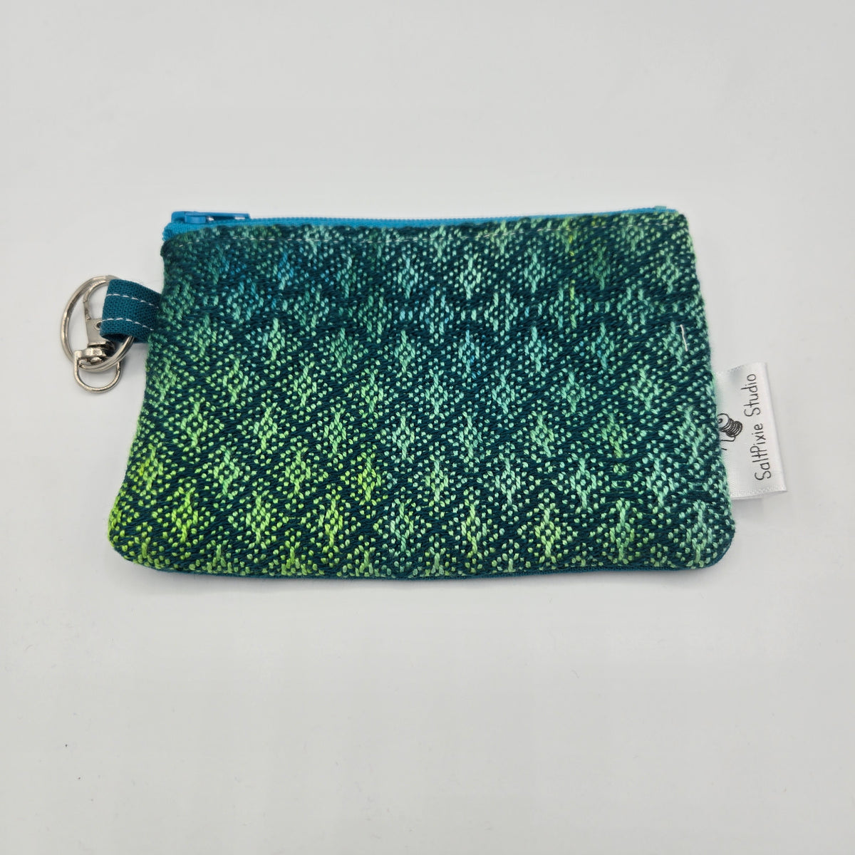 Mini Zipper Pouch | Handwoven Cotton & Tencel | Turquoise & Green Diamonds