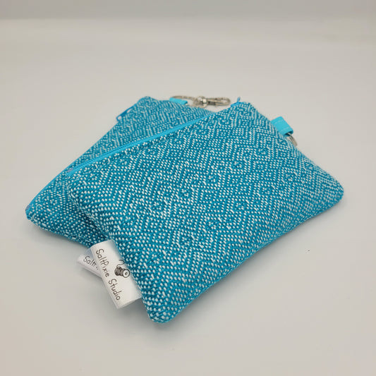 Mini Zipper Pouch | Handwoven Tencel | Turquoise Diamonds