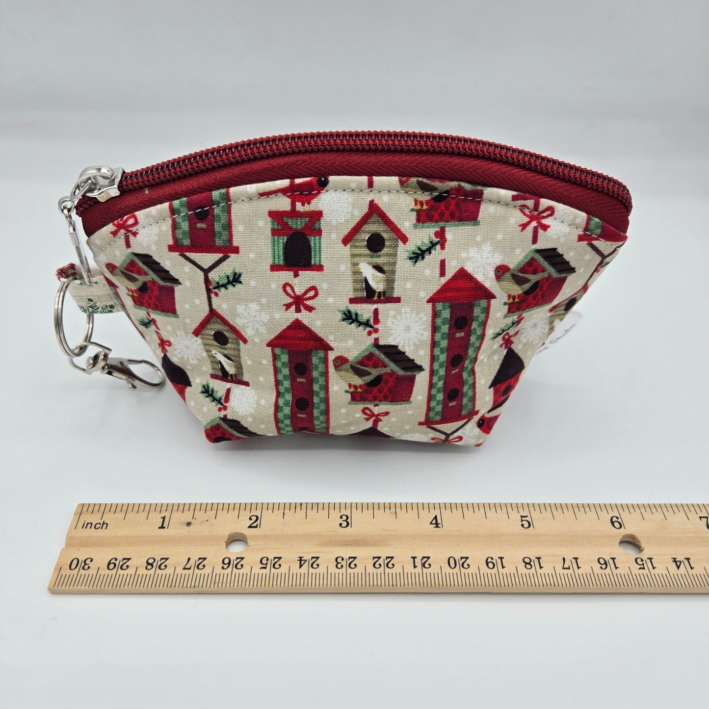 Curved Zipper Bag | Handwoven + Cotton | Holiday Plaid Red Birdhouses | Small