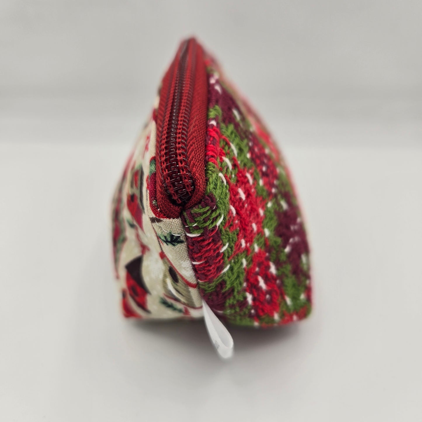 Curved Zipper Bag | Handwoven + Cotton | Holiday Plaid Red Birdhouses | Small