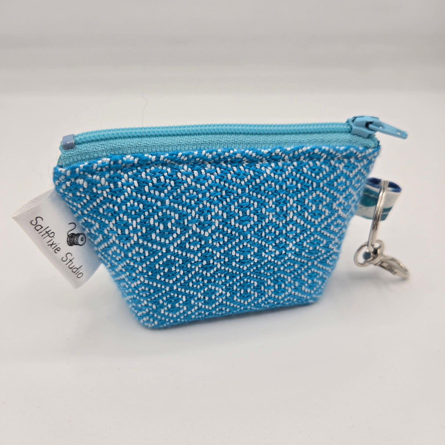 Super Tiny Mini Zip Clip Pouch | Handwoven & Tencel | Turquoise Diamonds and Bubbles