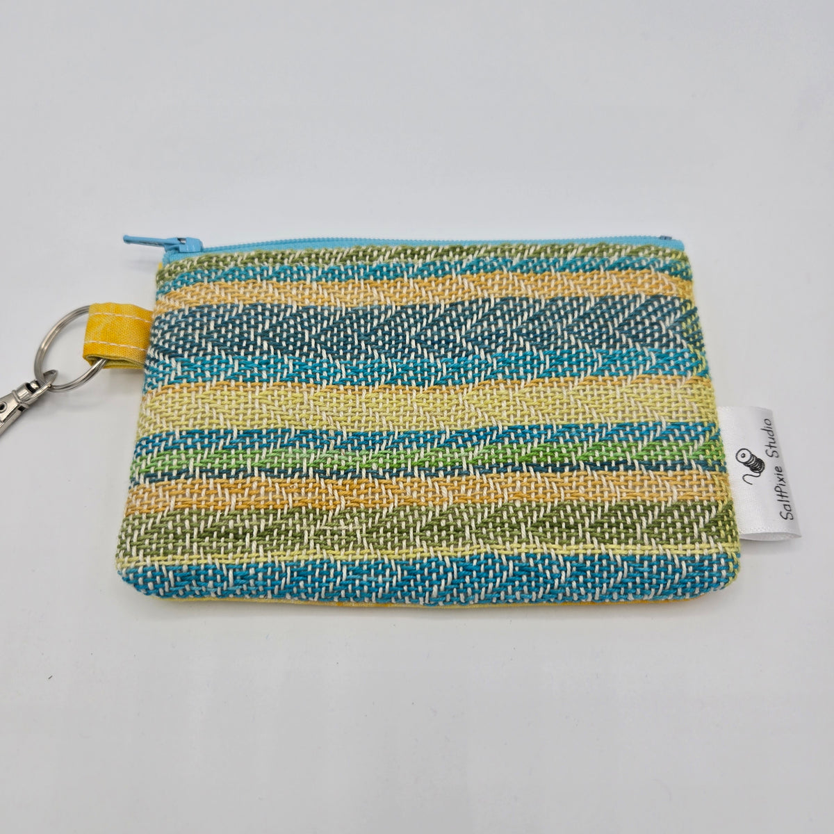 Mini Zipper Pouch | Handwoven Cotton & Linen | White Blue/Green and Yellow Plaid