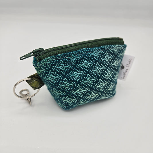 Super Tiny Mini Zip Clip Pouch | Handwoven & Tencel | Turquoise & Green Diamonds
