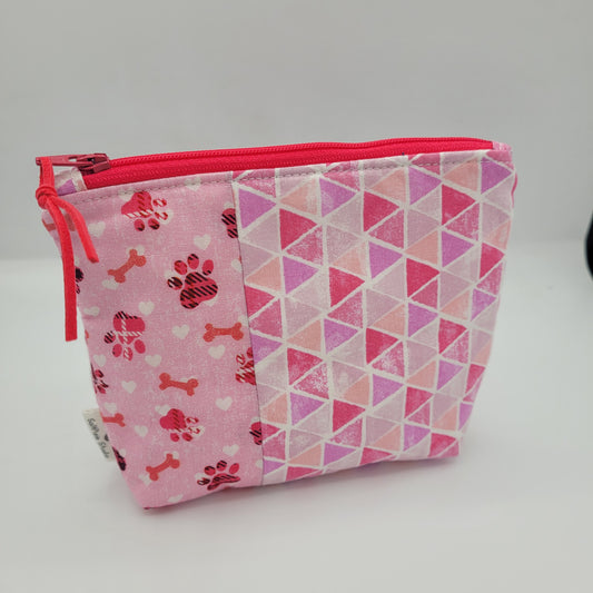 Vertical Split Panel Pouch | Cotton | Geometric Pink Paws | Small