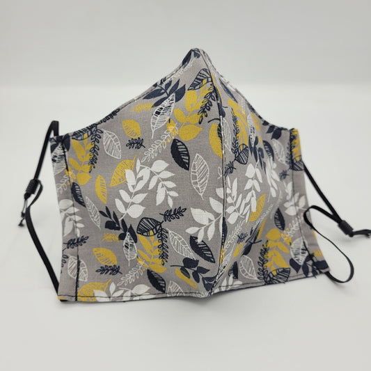 Cotton Face Mask w/ Filter Pocket | Adjustable Tie Ear Loops | Grey/White/Navy Floral | Washable Mask