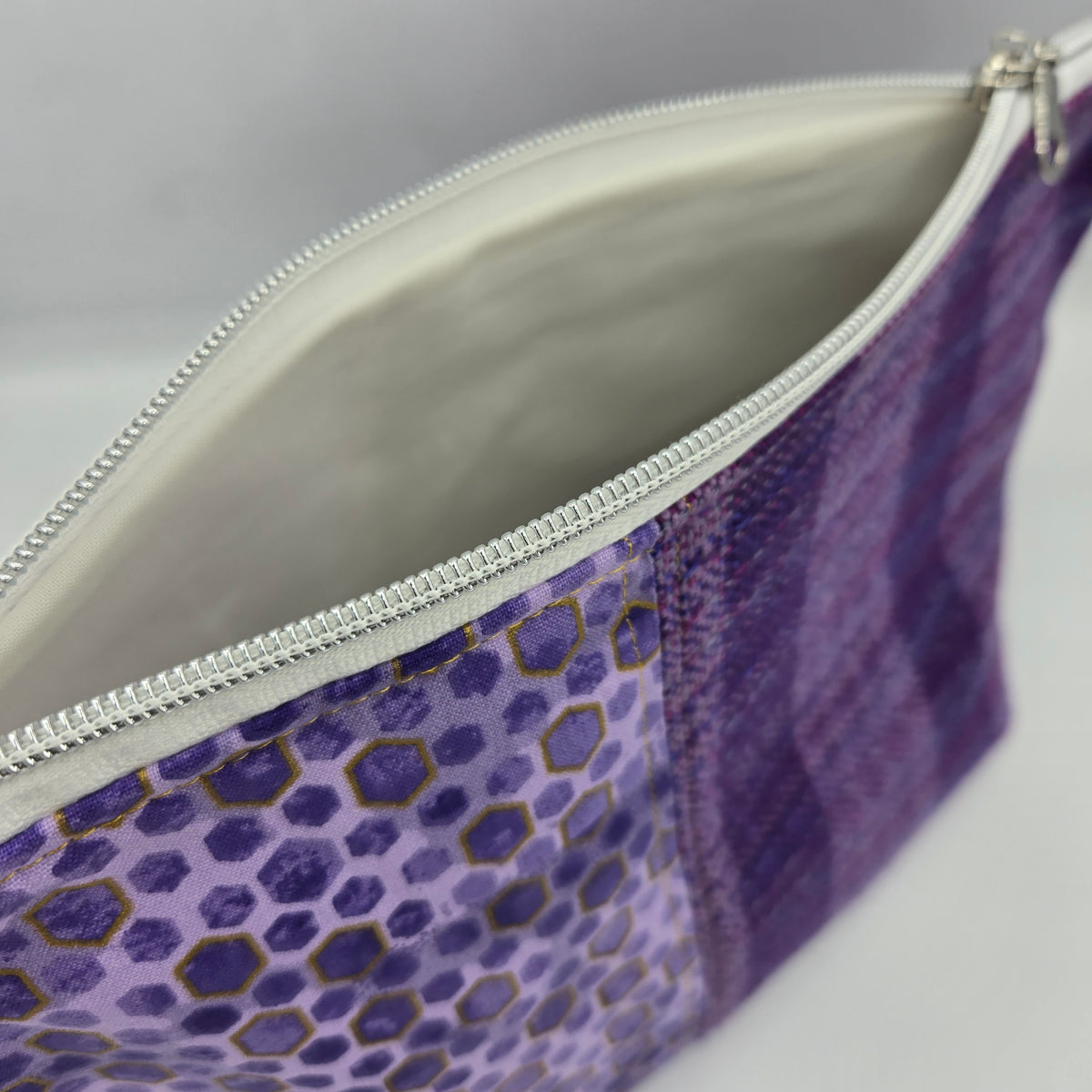 Zipper Pouch | Handwoven + Cotton | Purple & Gold Hexagons | Large