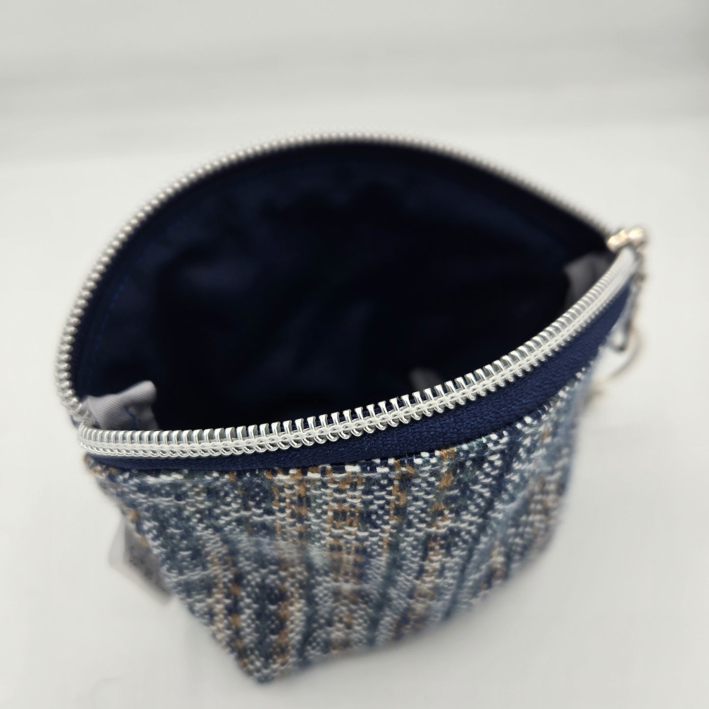 Curved Zipper Bag | Handwoven + Cotton | Navy and Gold Floral | Small
