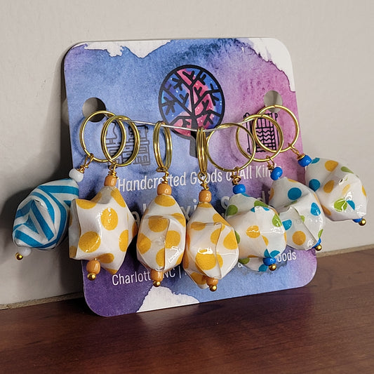 Stitch Marker | Handmade Paper Stars | Yellow/Green/Blue Polka Dots & Stripe | Set of 7