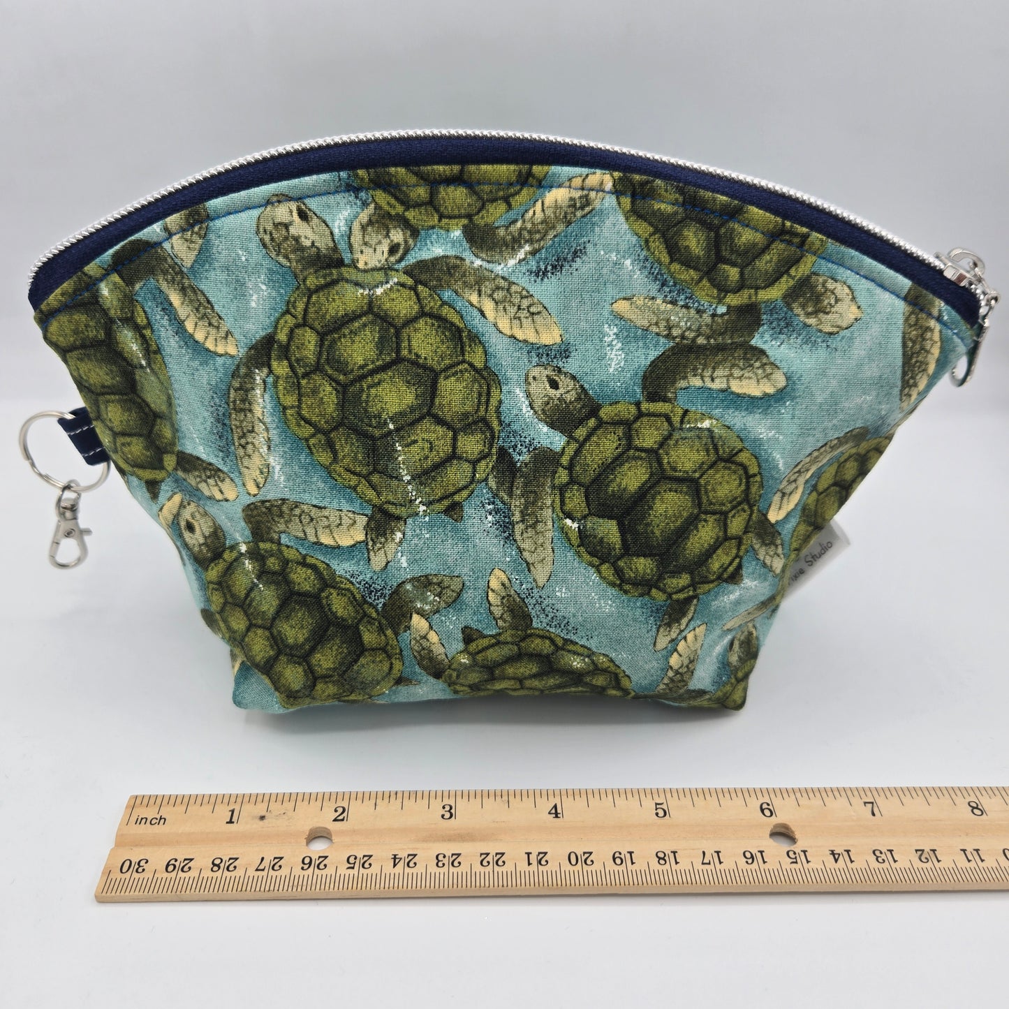Curved Zipper Bag | Handwoven + Cotton | Sea Turtles and Ocean Greens | Medium