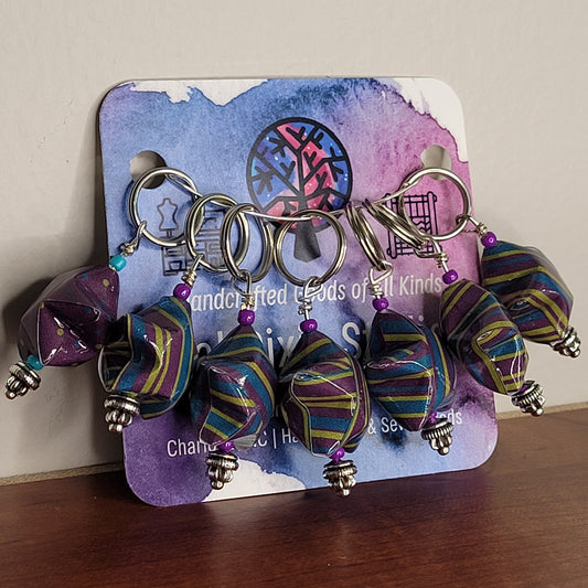 Stitch Marker | Handmade Paper Stars | Purple/Blue/Green Stripes | Set of 7