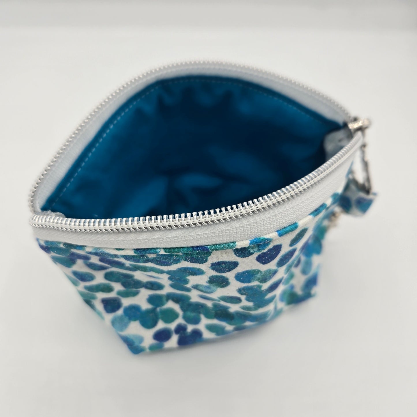 Curved Zipper Bag | Handwoven + Cotton | Navy Turquoise Stripes & Bubbles | Small