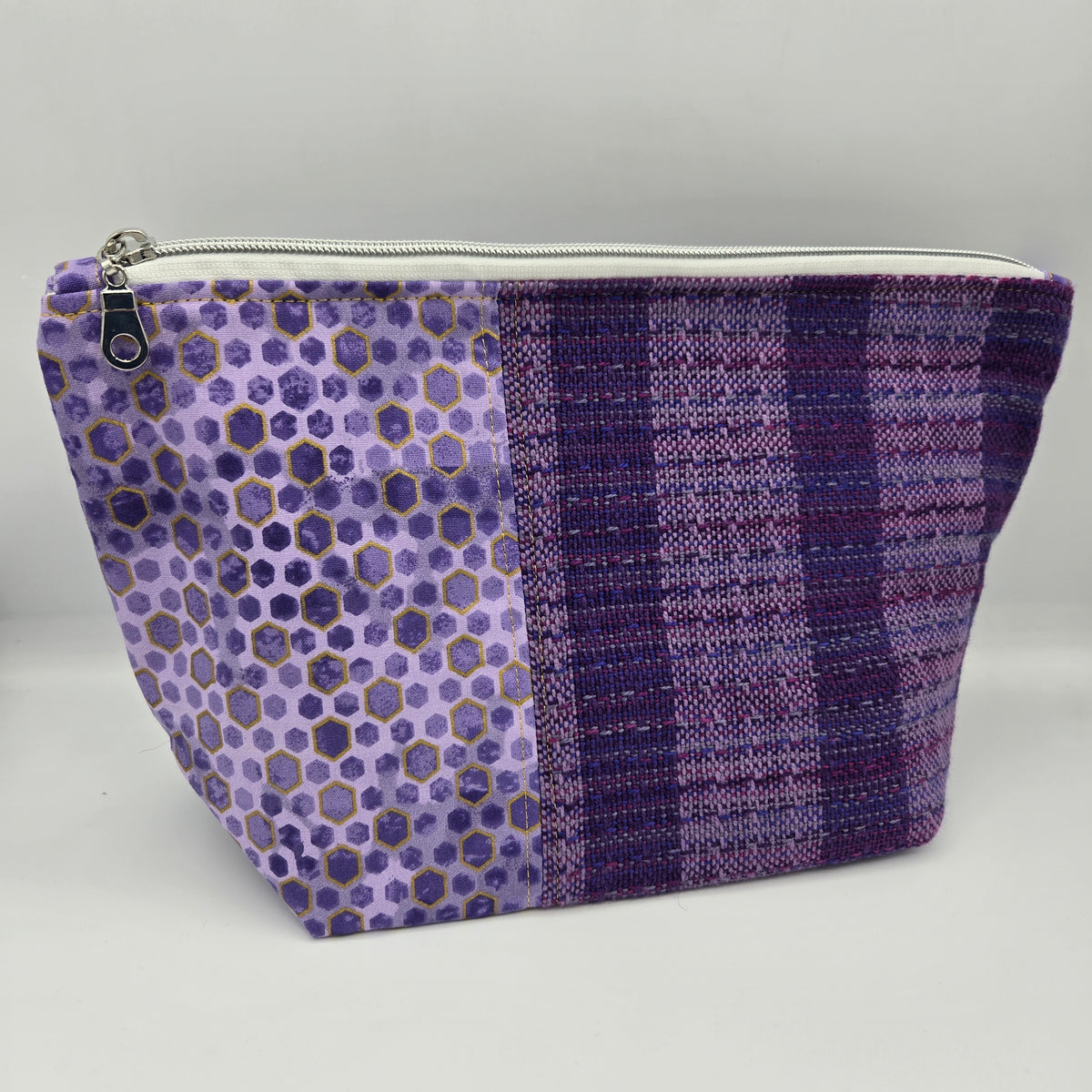 Zipper Pouch | Handwoven + Cotton | Purple & Gold Hexagons | Large