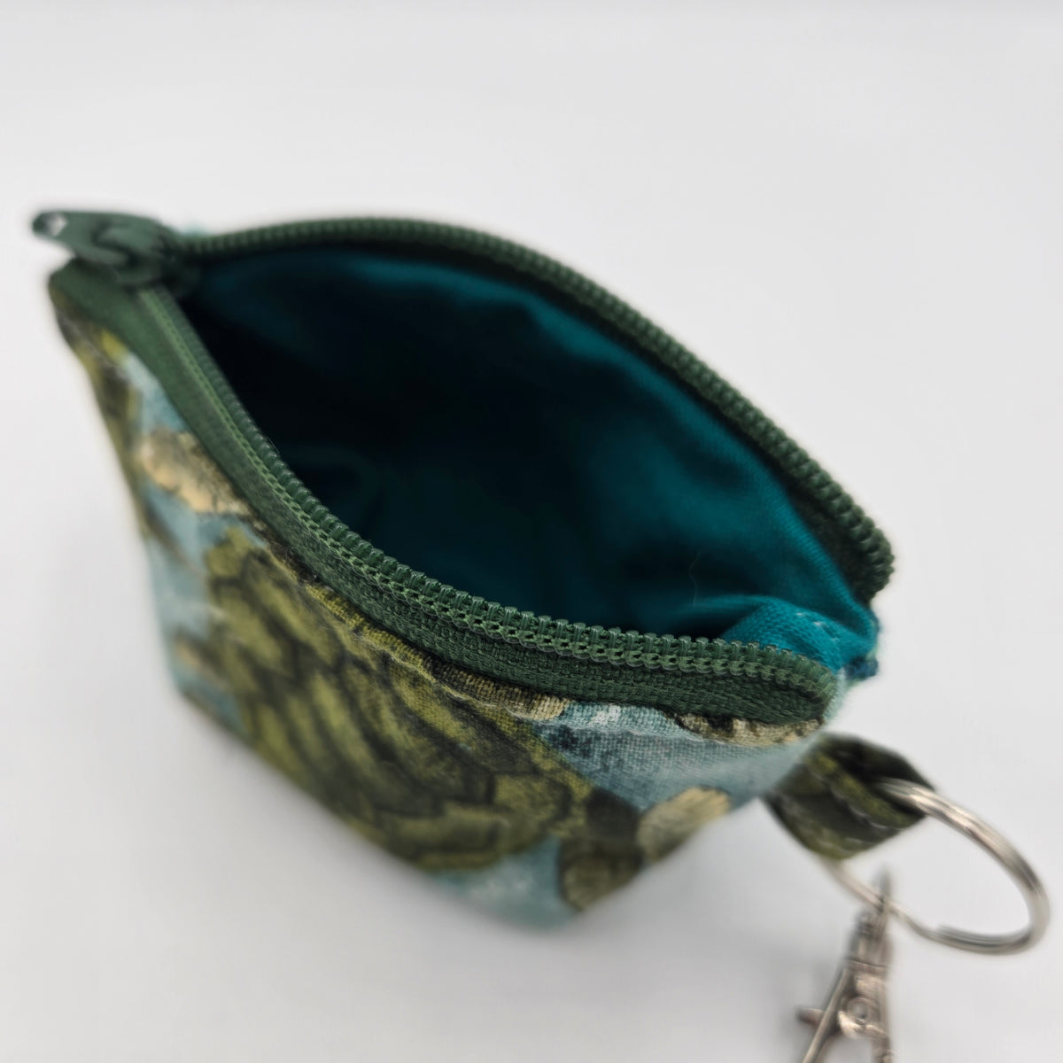 Super Tiny Mini Zip Clip Pouch | Handwoven & Tencel | Turquoise & Green Diamonds