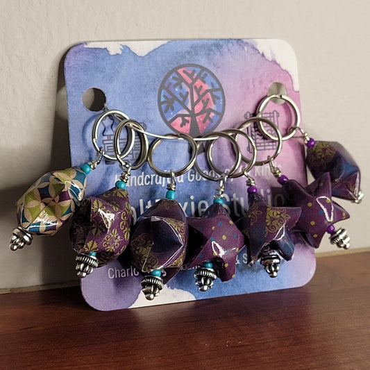 Stitch Marker | Handmade Paper Stars | Purple Pattern Mix | Set of 7
