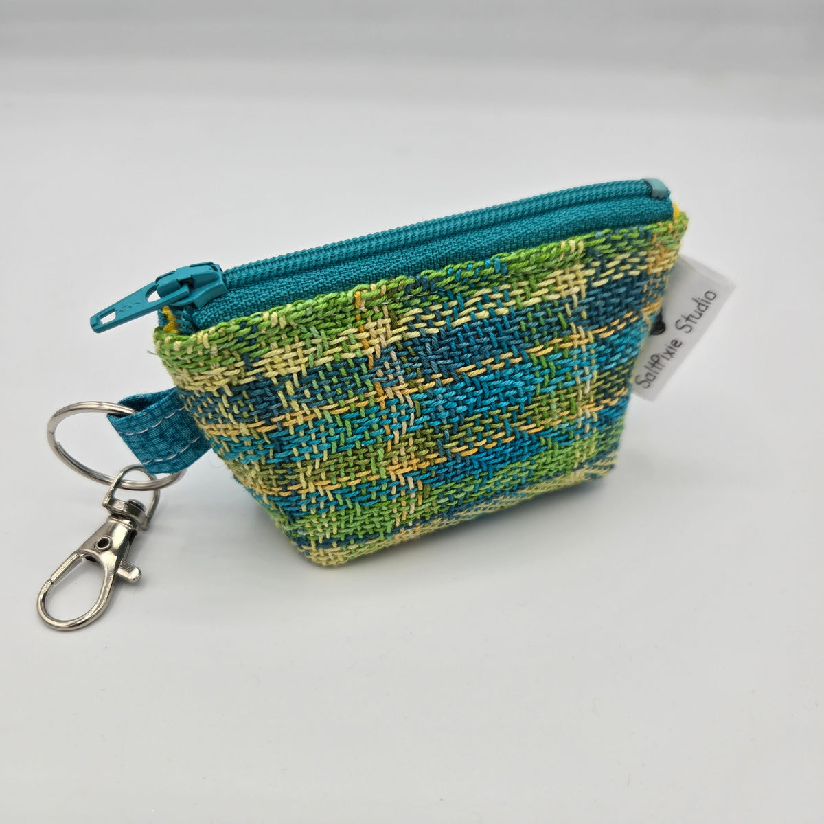 Super Tiny Mini Zip Clip Pouch | Handwoven & Tencel | Turquoise and Yellow Plaid