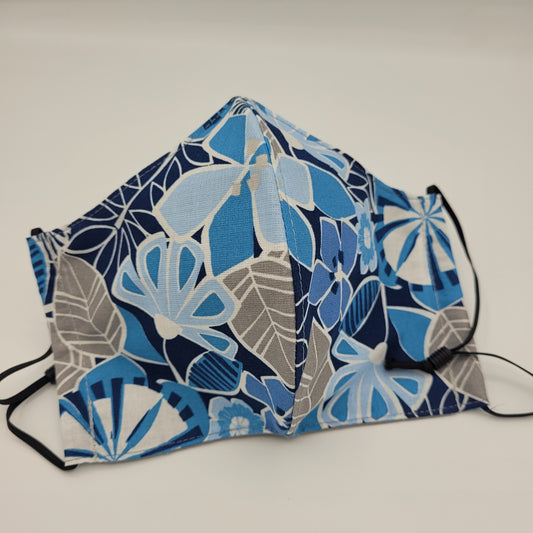 Cotton Face Mask w/ Filter Pocket | Adjustable Tie Ear Loops | Blue/Gray Floral | Washable Mask