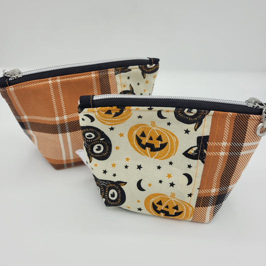 Trinket Bag | Cotton Split Panel | Spooky Pumpkins & Owl Faces
