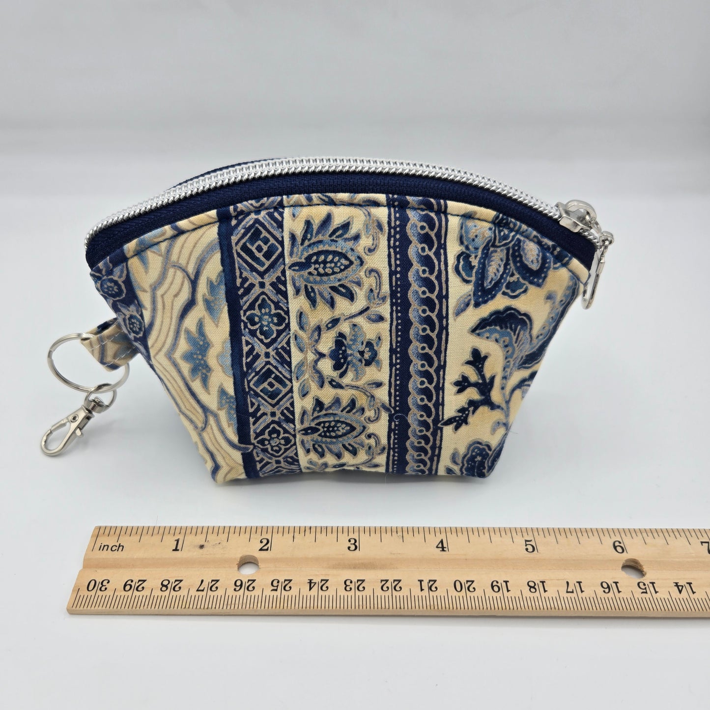 Curved Zipper Bag | Handwoven + Cotton | Navy and Gold Floral | Small