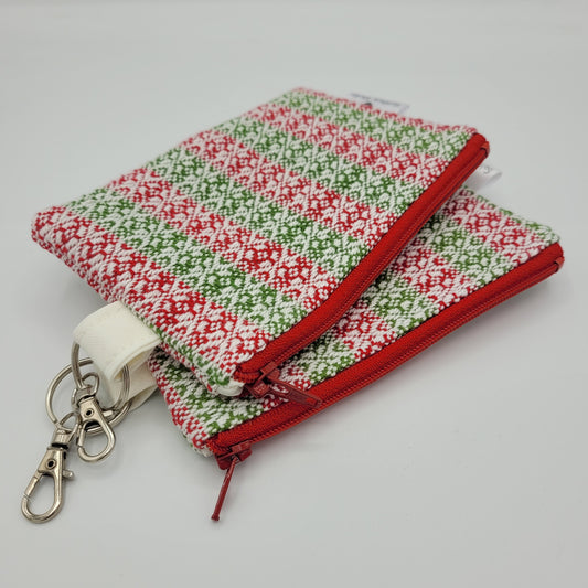 Mini Zipper Pouch | Handwoven Cotton | Snowflake Red/Green Stripes