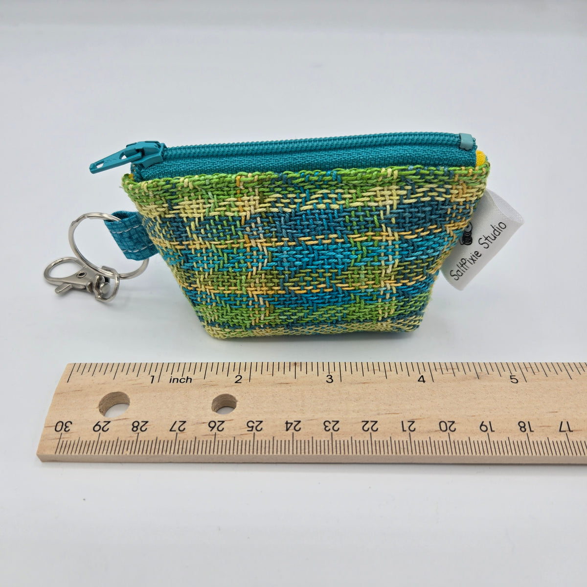 Super Tiny Mini Zip Clip Pouch | Handwoven & Tencel | Turquoise and Yellow Plaid