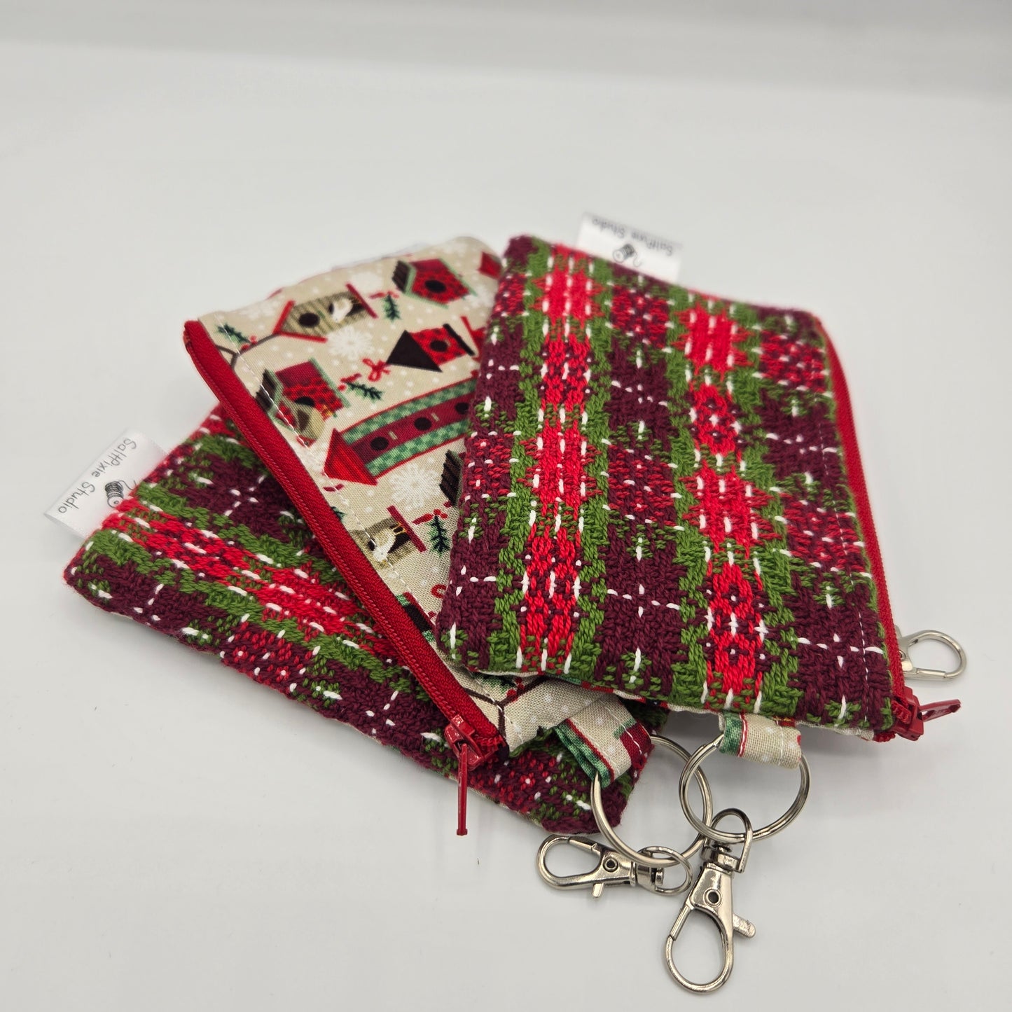 Mini Zipper Pouch | Handwoven & Cotton | Holiday Plaid Red Birdhouses