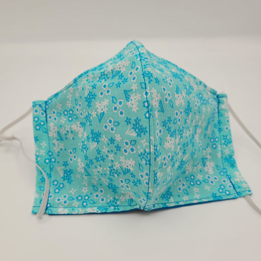 Cotton Face Mask w/ Filter Pocket | Adjustable Tie Ear Loops | Teal/Turquoise/White Floral | Washable Mask