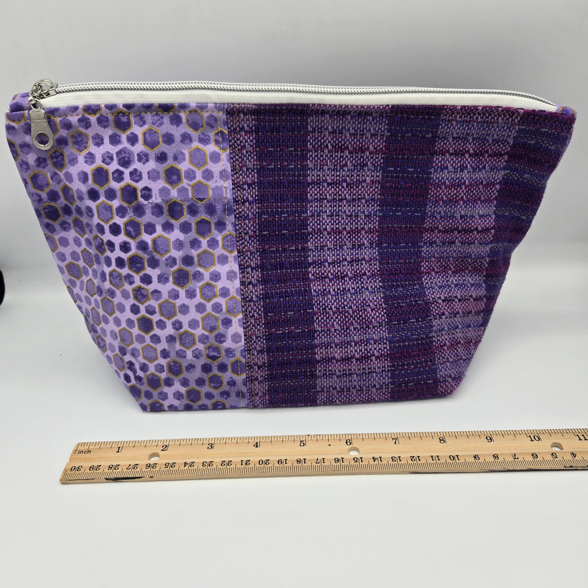 Zipper Pouch | Handwoven + Cotton | Purple & Gold Hexagons | Large
