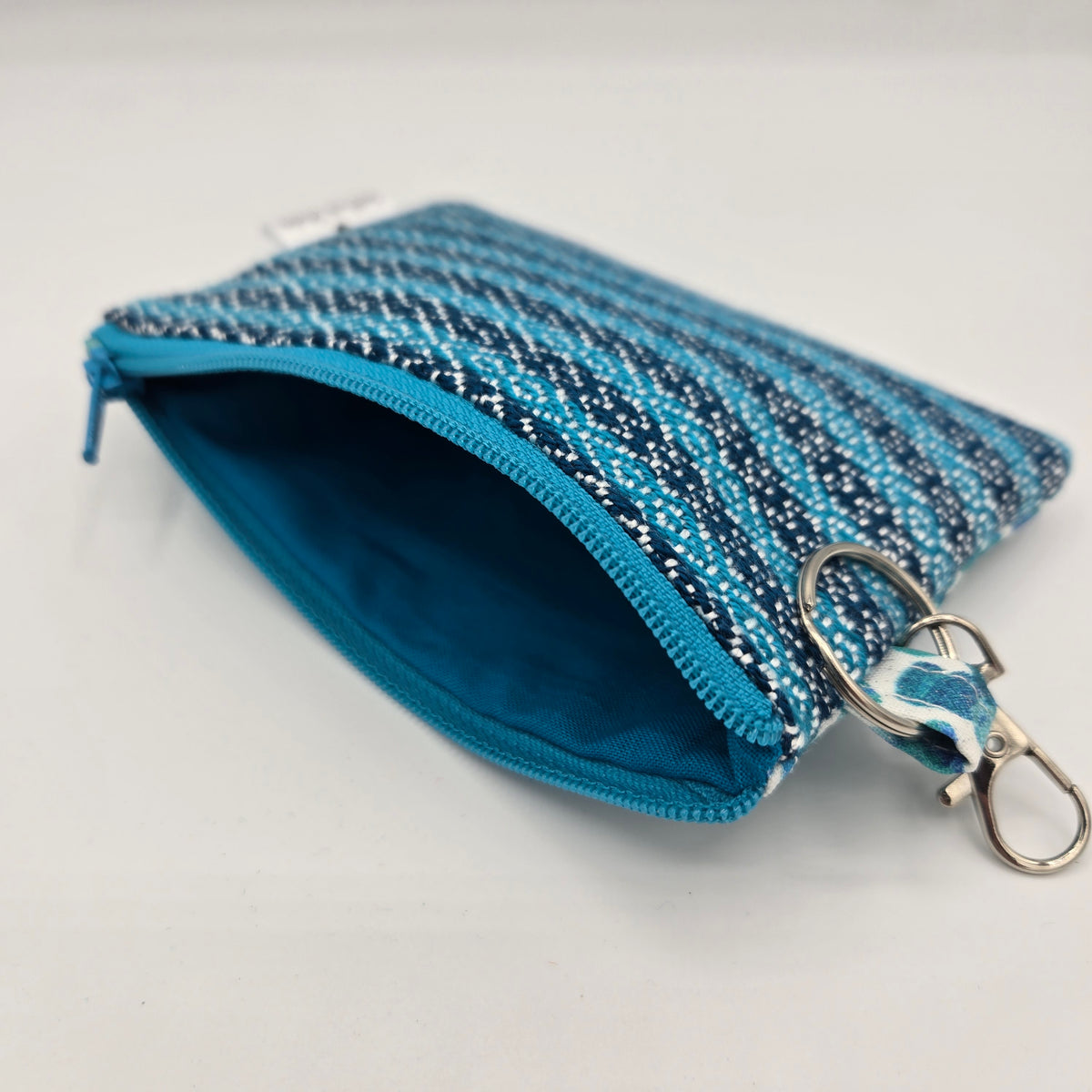 Mini Zipper Pouch | Handwoven Cotton & Tencel | Turquoise and Navy Stripes