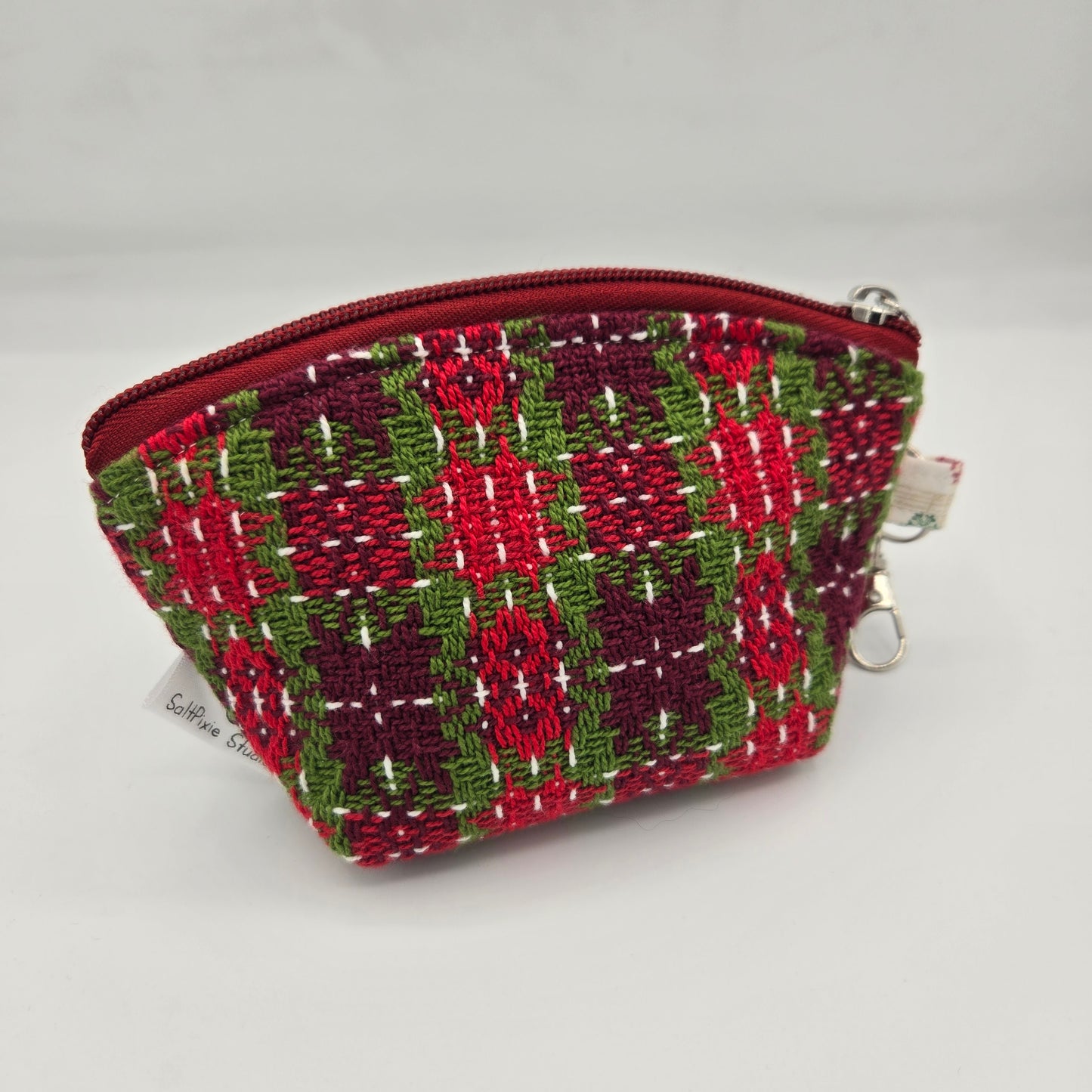 Curved Zipper Bag | Handwoven + Cotton | Holiday Plaid Red Birdhouses | Small