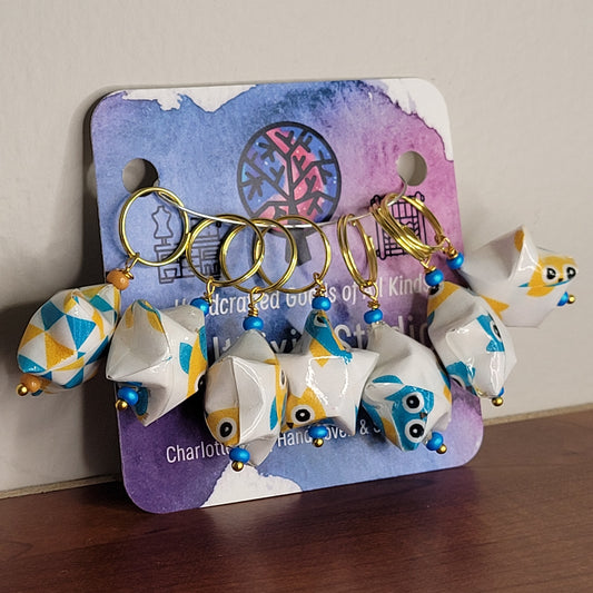 Stitch Marker | Handmade Paper Stars | Yellow/Blue Owls | Set of 7