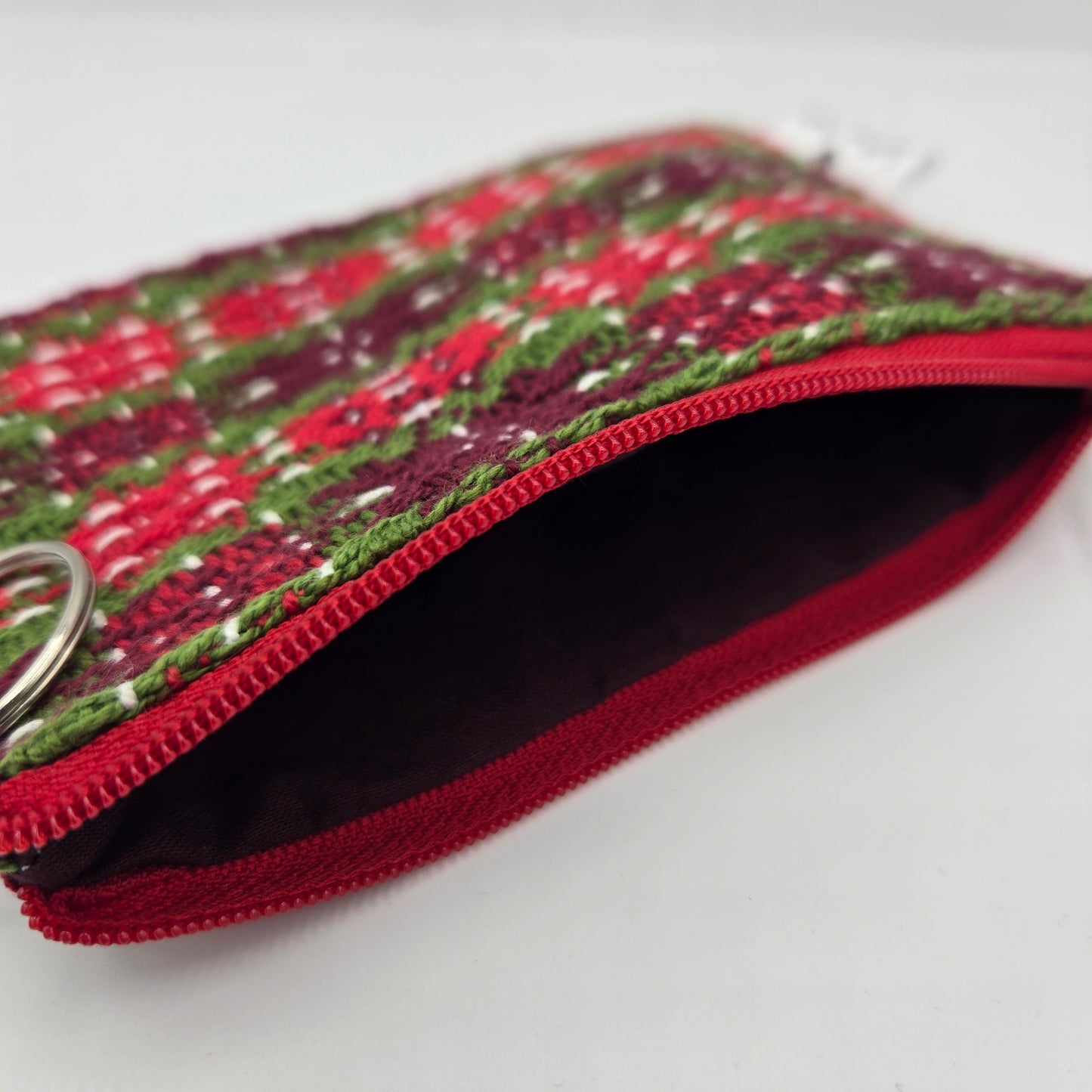 Mini Zipper Pouch | Handwoven & Cotton | Holiday Plaid Red Birdhouses
