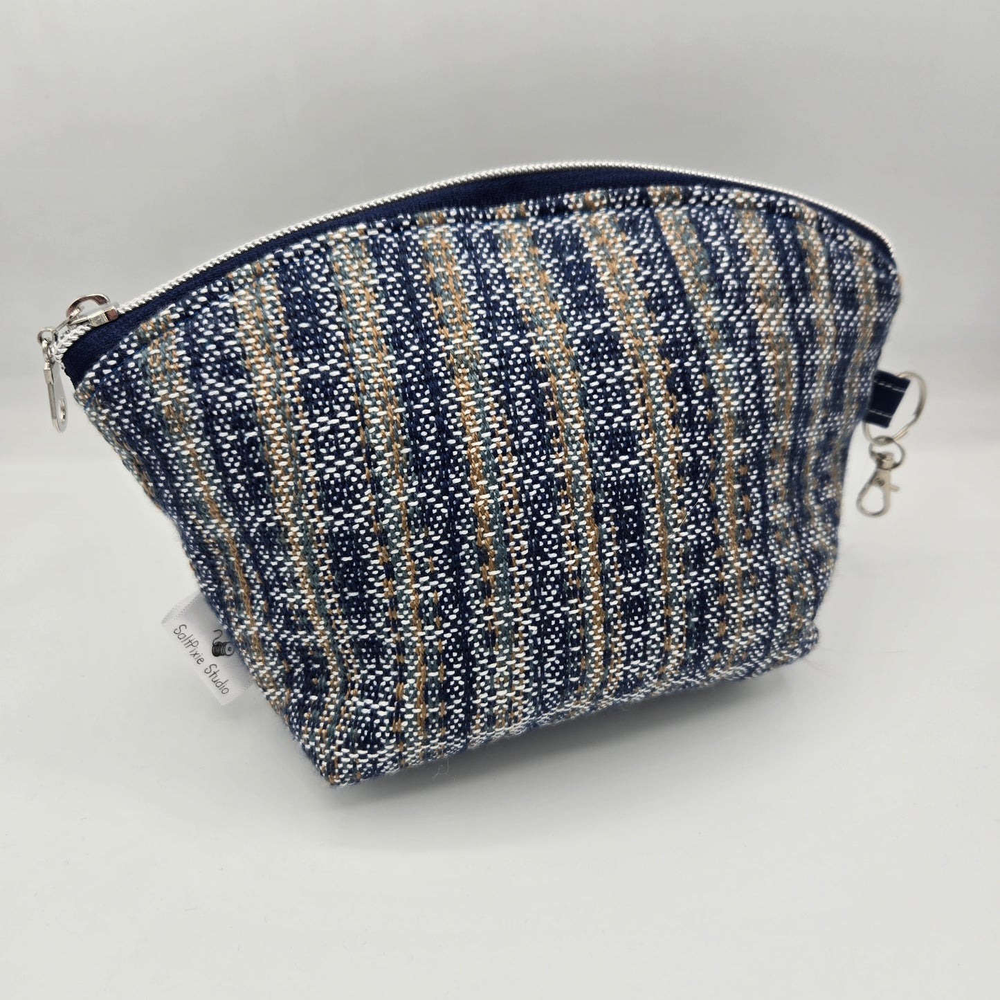 Curved Zipper Bag | Handwoven + Cotton | Navy and Gold Floral | Medium