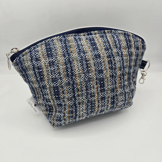 Curved Zipper Bag | Handwoven + Cotton | Navy and Gold Floral | Medium
