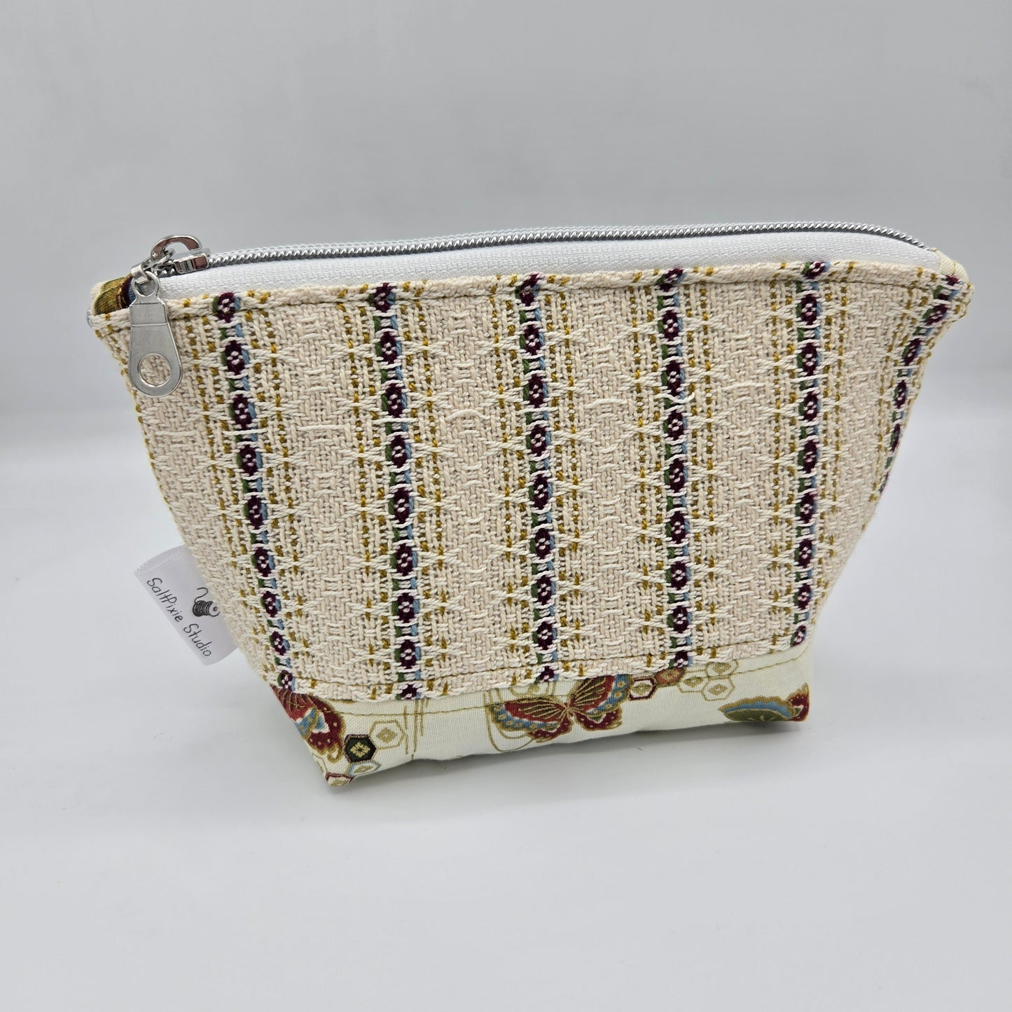 Zipper Pouch | Handwoven + Cotton | Gold Butterflies and Stripes | Small