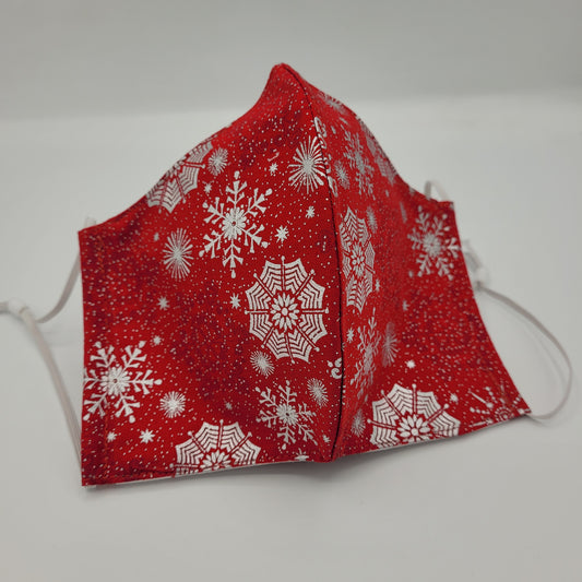 Cotton Face Mask w/ Filter Pocket | Adjustable Tie Ear Loops | Red/White Snowflake | Washable Mask