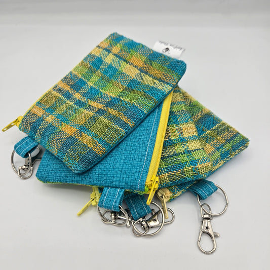 Mini Zipper Pouch | Handwoven Cotton & Linen | Turquoise & Yellow Plaid