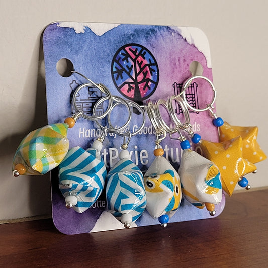 Stitch Marker | Handmade Paper Stars | Yellow/Green/Blue Owls, Dots, & Stripes | Set of 7