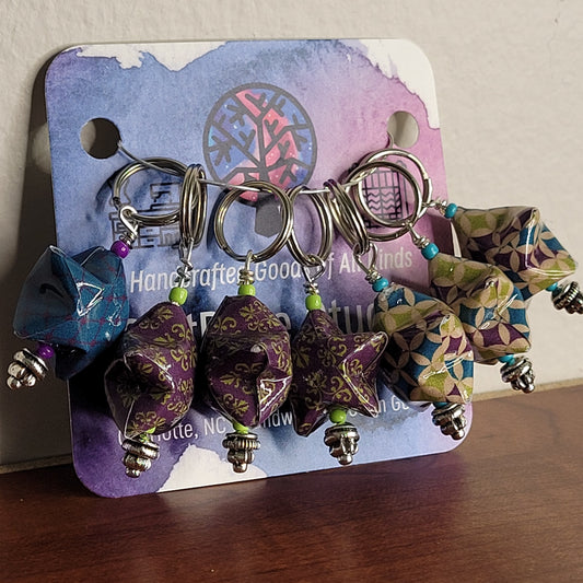 Stitch Marker | Handmade Paper Stars | Purple Geometric Fancy | Set of 7